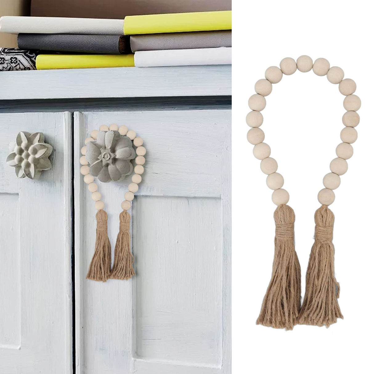 Farmhouse Beads 24in Wood Bead Garland with Tassels Rustic Country Decor Prayer Wall Hanging Bead Decoration for Gifts Ornamen Buachois