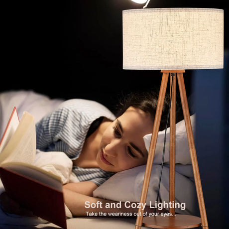 Baobab Tree Park Wood Tripod Floor Lamp with Shelves,Linen Shade Boho Wooden Floor lamp for Living Room, with Three Color temparature Bulb Included,footswitch,ETL Listed/Brown Wood Color Baobab Tree Park