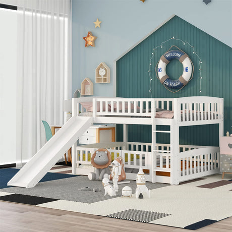 Bellemave Full Over Full Low Bunk Bed with Slide and Fence Railings Wood Floor Bunk Beds with Ladder for Toddler Kids Boys Girls Teens, White Bellemave