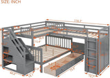 MERITLINE Twin-Twin Over Full Triple Bunk Bed with Storage Stairs,Wardrobe and Desk,Solid Wood L-Shaped 3 Bunk Bed with Ladder,Shelves,Headboard,Guardrail,No Box Spring Needed (Grey) MERITLINE