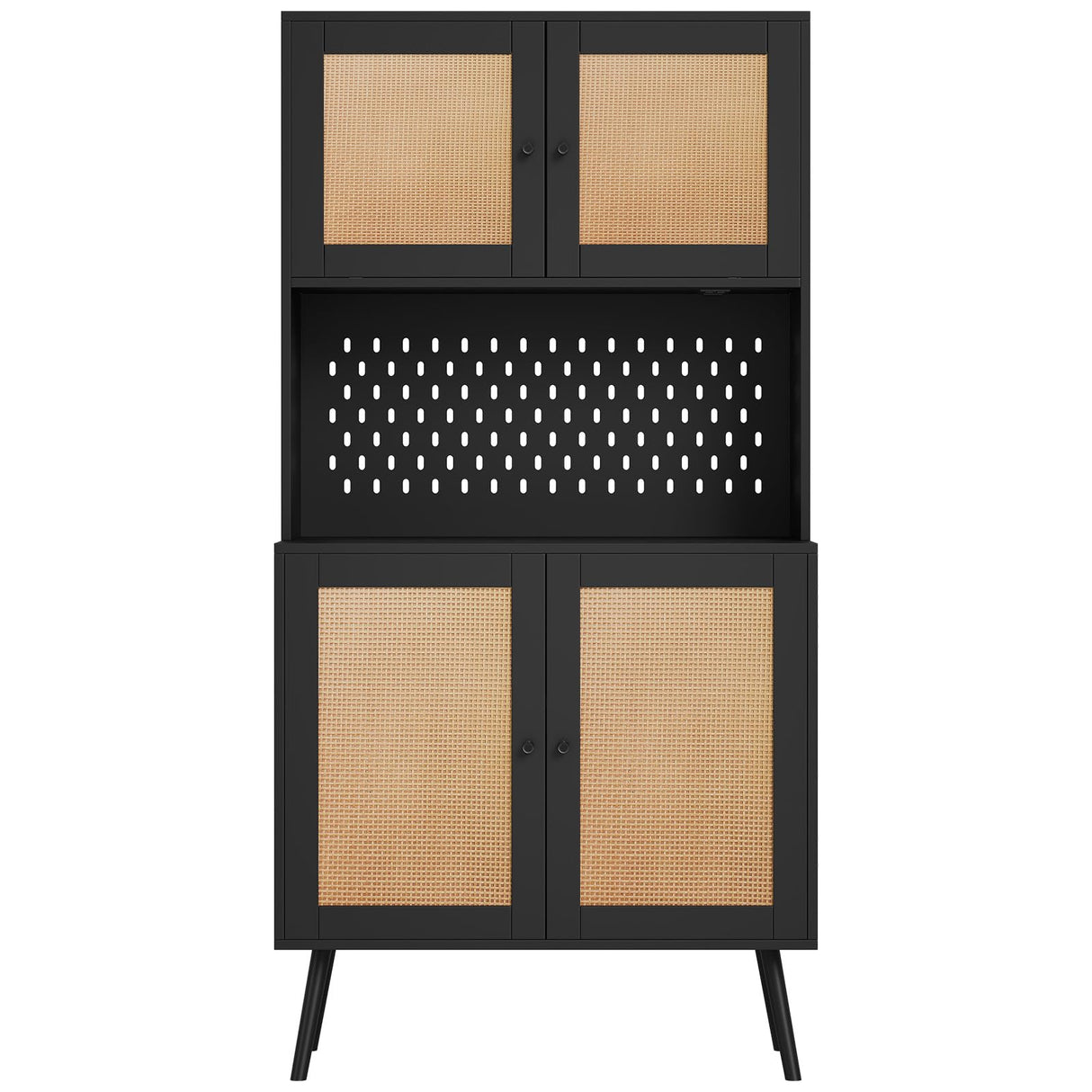 Svimi Rattan Kitchen Pantry Storage Cabinet with Power Outlets, LED Lights, Pegboard - 62.6" Tall Hutch Sideboard Buffet Cabinet, Organized Storage for Kitchen, Dining Room and Hallway Black Svimi