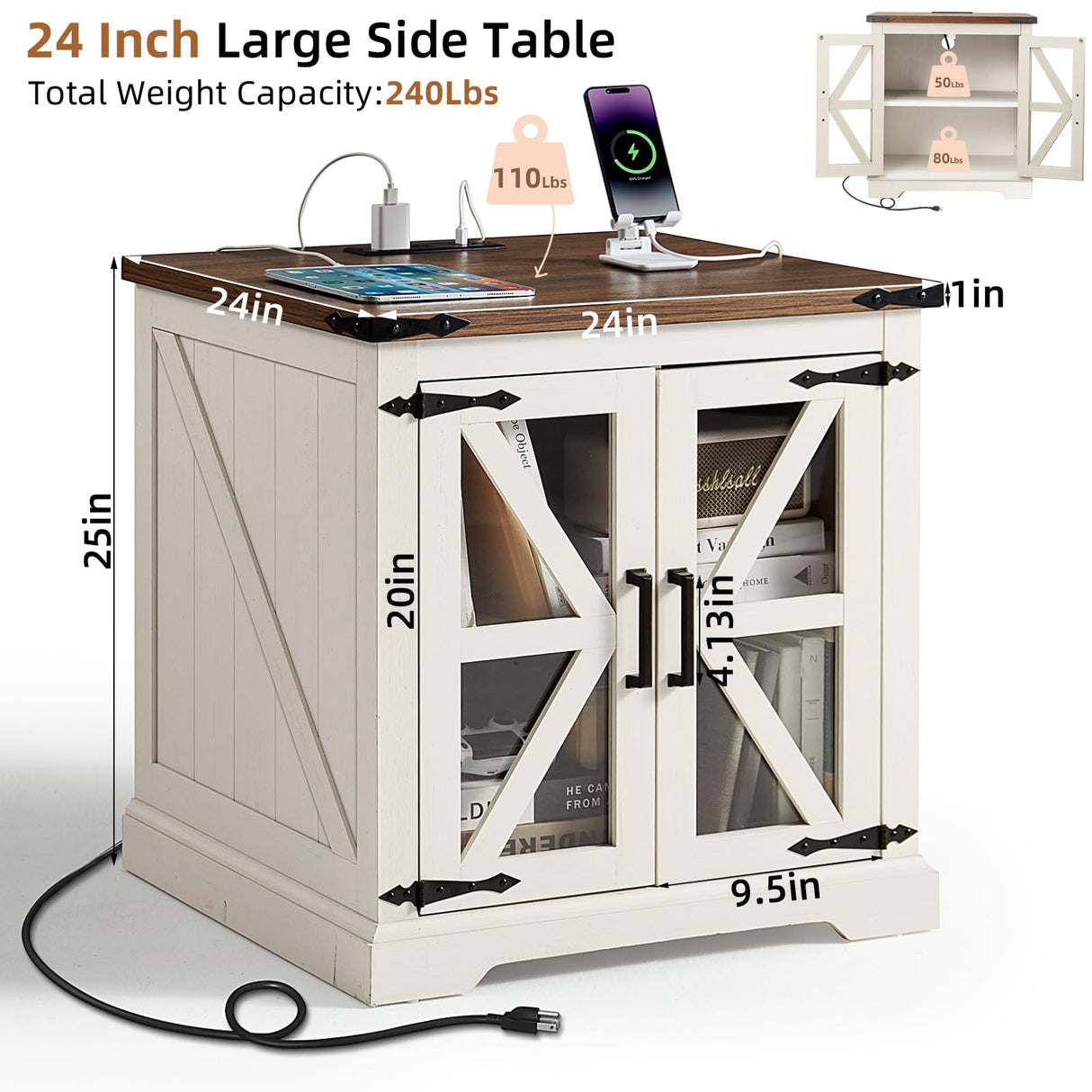 Joaxswe 24" End Table with Charging Station, Farmhouse Night Stand with Glass Barn Door, White Nightstands with Adjustable Storage Shelf, Large Wood Square Bed Side Table for Living Room,Bedroom Joaxswe