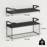 WOPITUES Floating Shelves with Wire Storage Basket, Bathroom Shelves Over Toilet with Protective Metal Guardrail, Wood Wall Shelves for Bathroom, Bedroom, Living Room, Toilet Paper-Black WOPITUES