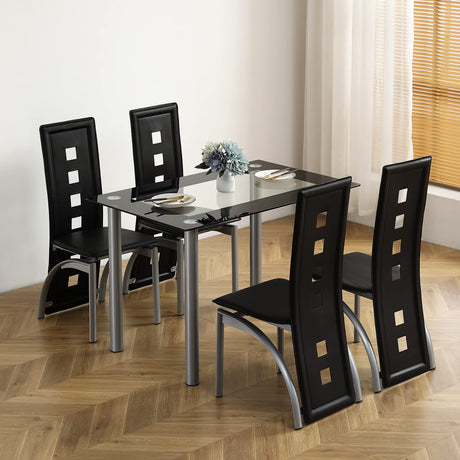 Karl home 5-Piece Dining Table Set with 1 Glass Dining Table and 4 PVC Chairs, Modern Dining Table Set for Kitchen & Breakfast Dining Living Room, Space Saving Karl home