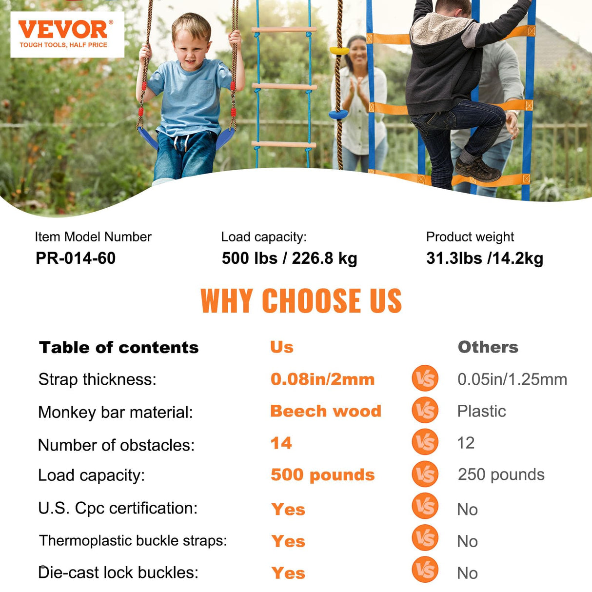 VEVOR Ninja Warrior Obstacle Course for Kids, 2 x 60 ft Weatherproof Slacklines, 500lbs Weight Capacity Monkey Line, Outdoor Playset Equipment, Backyard Toys Training Equipment Set with 14 Obstacles VEVOR