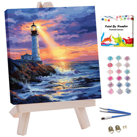 JUJUHOOD Sunset Lighthous Framed Paint by Numbers Kit for Adults Beginner & Kids Ages 8-12,Seaside Paint by Number Without Easel,Paint by Numbers for Gift Home Wall Decor (10x10Inch) JUJUHOOD