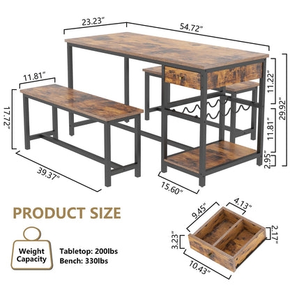 Auromie Dining Table Set for 4-6 People, 54.7" Kitchen Dinner Table with 2 Bench, Dining Room Table Set with Storage Drawer & Shelf, 3-Piece Breakfast Nook Table with Wine Rack &Glass Holder (Brown)