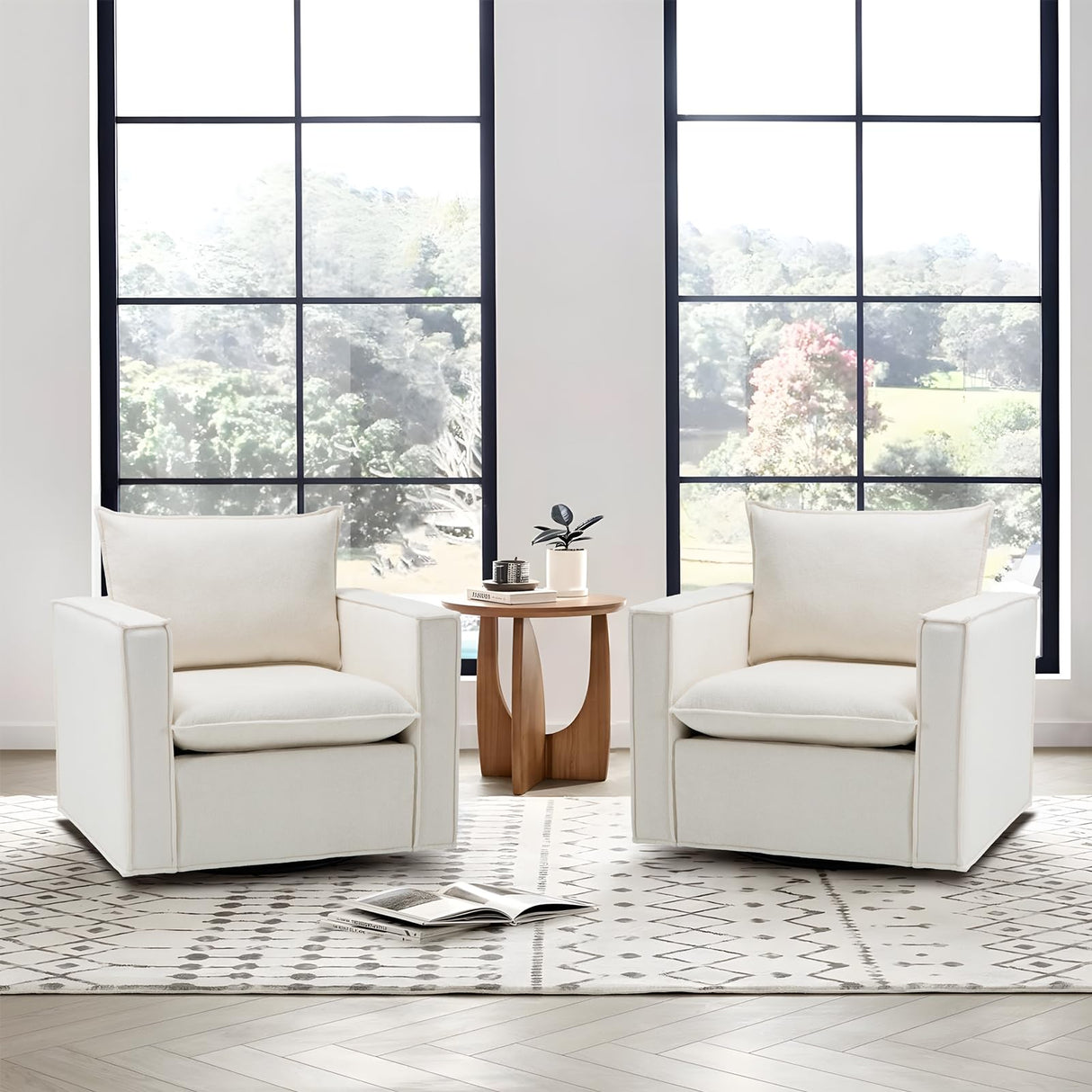 Swivel Accent Chair, 34 Inches Wide Upholstered Arm Chair with Plump Back Pillow, Modern Sofa Living Room Chair for Bedroom, Corner, Reading Nook-Beige COLAMY