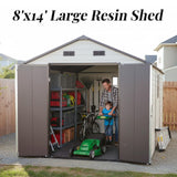 FammyLoft 8x14 FT Resin Storage Sheds Outdoor with Floor Included, Plastic Sheds & Outdoor Storage Clearance with 2 Windows and Lockable Door, Backyard Storage Sheds for Garden Tools, Brown+White FammyLoft
