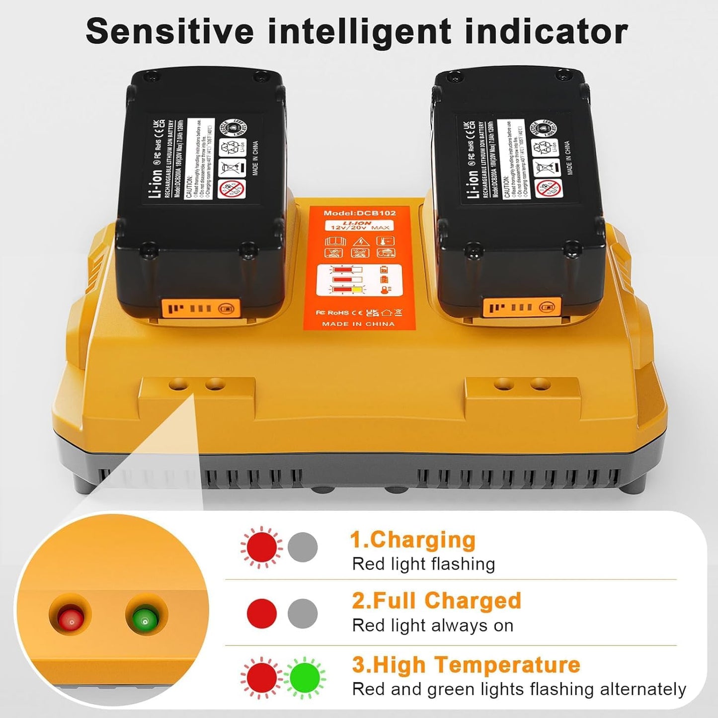 DCB102 Battery Charger Station for Dewalt Battery,Simultaneous Charging for 12V and 20V Max Battery, Compatible with DCB124 DCB126 DCB200 DCB205 Yellow - WoodArtSupply