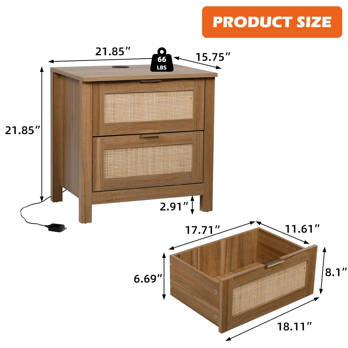 AILEEKISS Night Stand Set of 2 Rattan Nightstands with Wireless Charging Station, Wood Accent Bed Side End Tables with 2 Rattan Drawers, Modern Bedside Stand for Bedroom, Living Room (Natural Oak) AILEEKISS