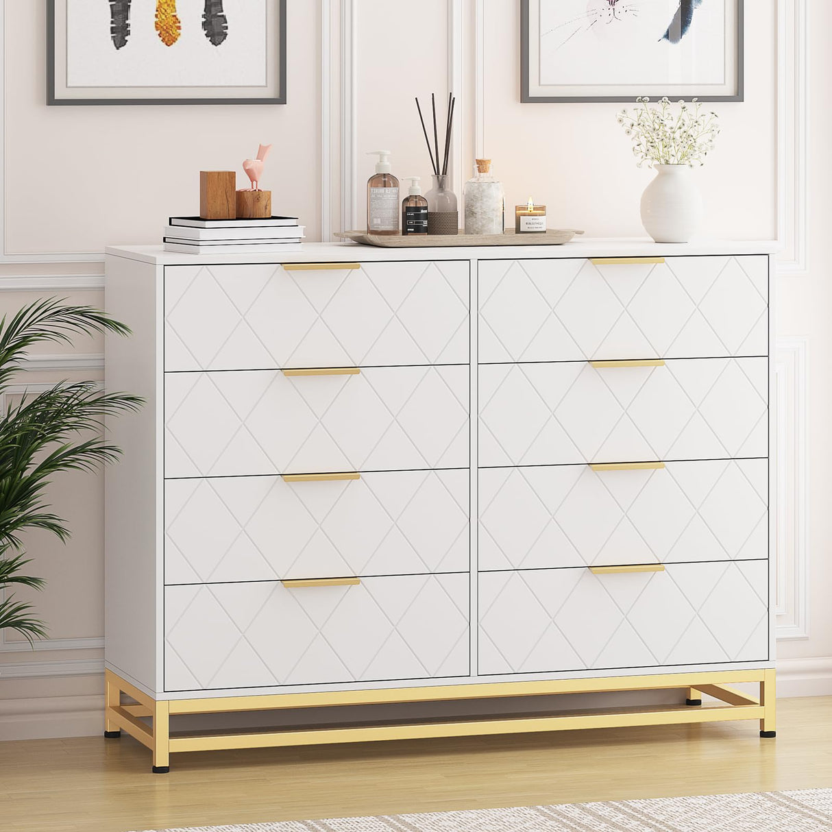Patikuin 8 Dresser for Bedroom Wooden with 8 Drawer, Chest of Drawers Wide Dresser with Metal Handle, White Dresser for Bedroom,Living Room,Hallway and Entryway Patikuin