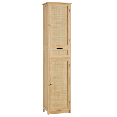 Iwell Tall Bathroom Cabinet with Doors, Rattan Storage Cabinet with Adjustable Shelves, Freestanding Narrow Linen Cabinet for Living Room, Entryway, Kitchen, Home Office, Natural Iwell