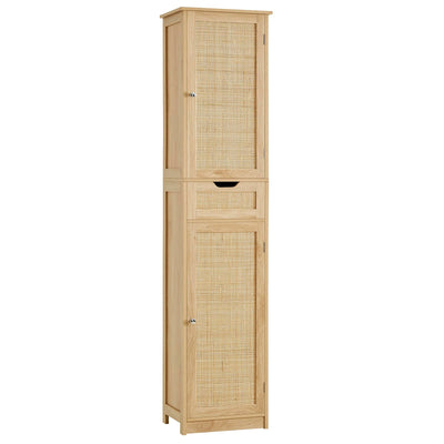 Iwell Tall Bathroom Cabinet with Doors, Rattan Storage Cabinet with Adjustable Shelves, Freestanding Narrow Linen Cabinet for Living Room, Entryway, Kitchen, Home Office, Natural