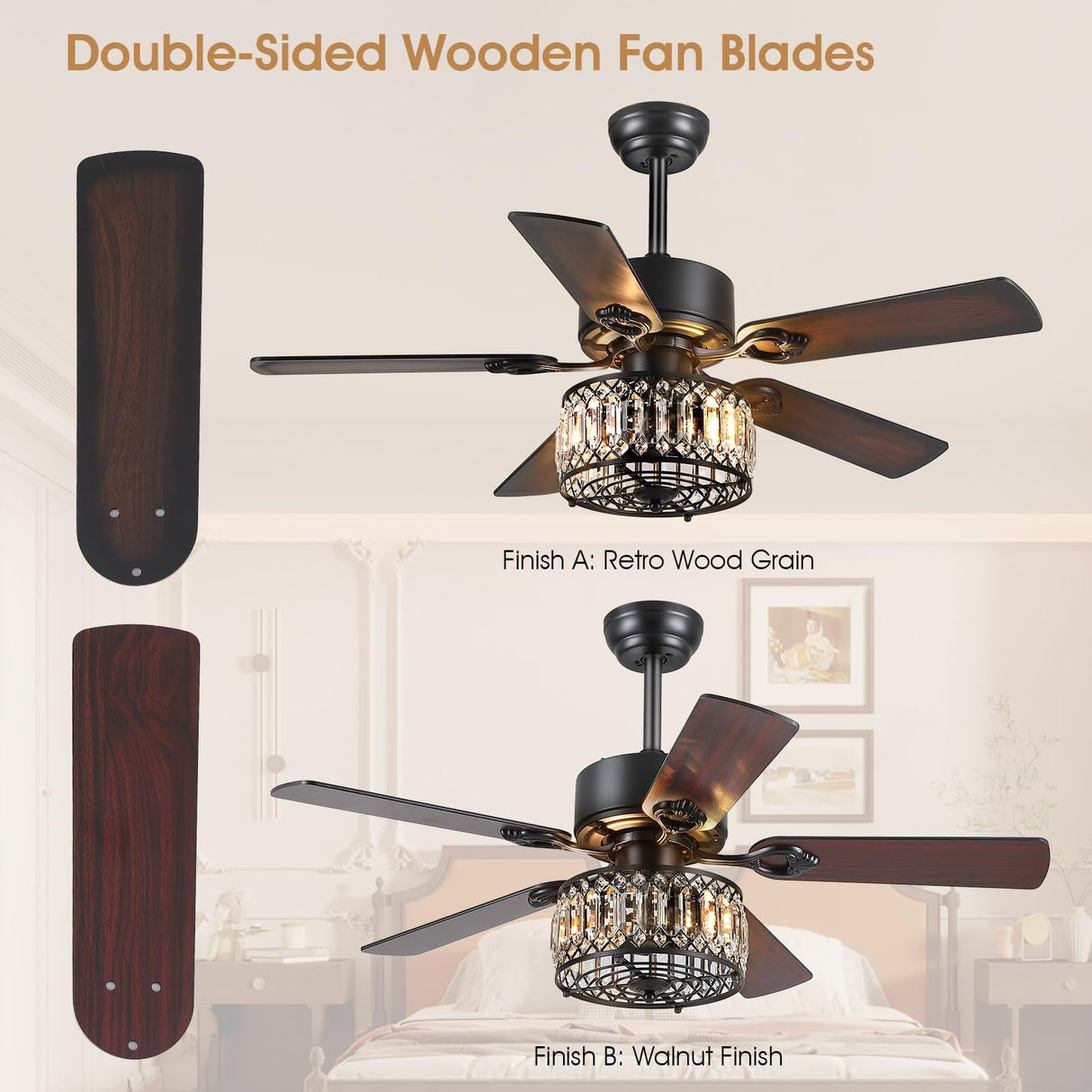 Kviflon Farmhouse Ceiling Fans with Lights and Remote, 48 Inch Indoor Chandelier Ceiling Fan with Light, Crystal Fandelier Ceiling Fans for Living Dining Room Bedroom, Wood Blades, Quiet, Black Kviflon