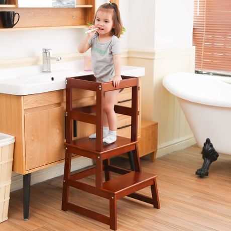 Kids Kitchen Step Stool for Kids with Safety Rail,Solid Wood Construction Toddler Learning Stool, Montessori Toddlers Kitchen Stool Tower (Walnut) Wiifo