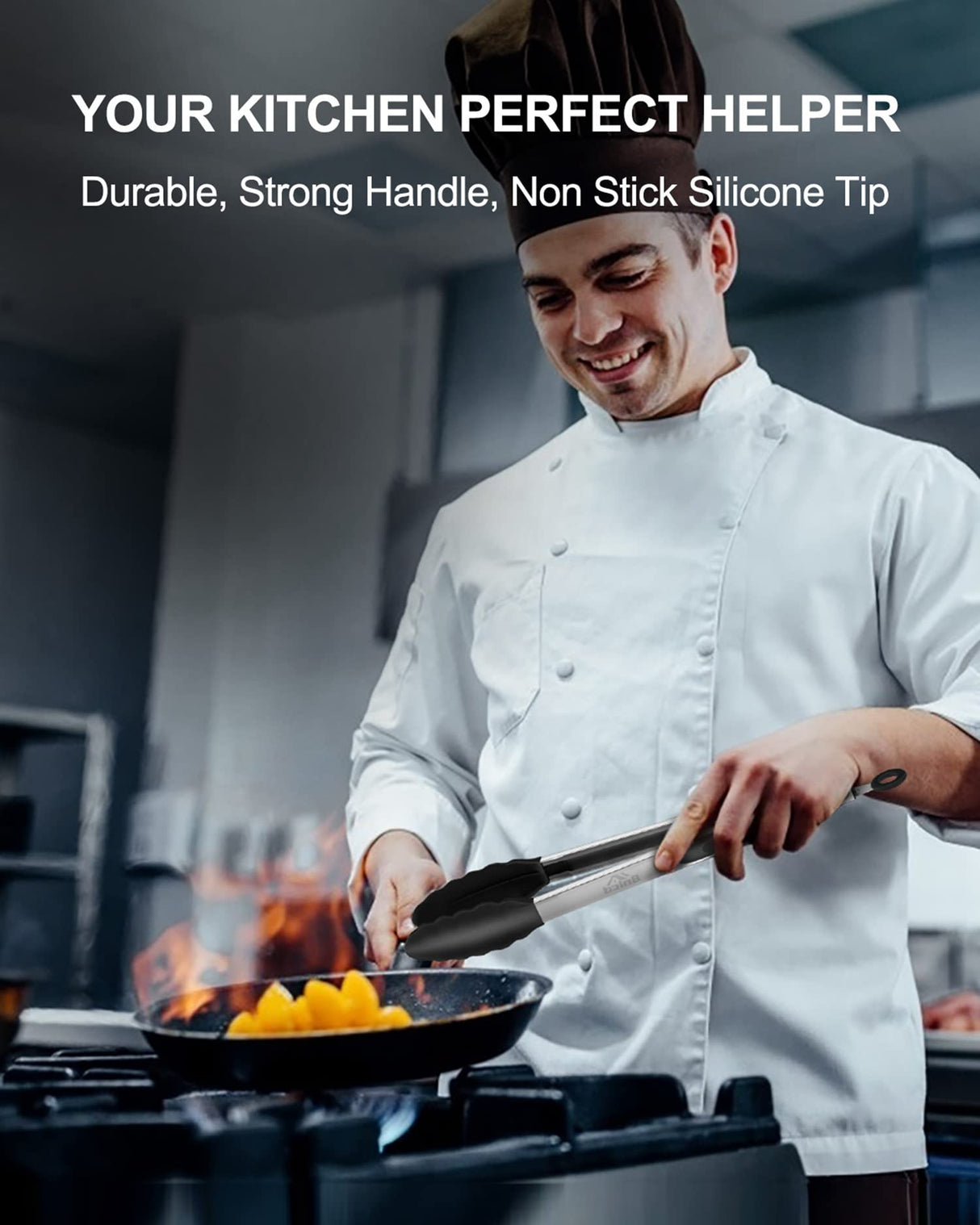 Bnlcd Kitchen Tongs, Premium Stainless Steel Locking Cooking Tongs with Silicone Tips, Non-Slip Food Tongs for Cooking, Heavy Duty, Non-Stick, 480℉, Set of 3-7" 9" and 12" Black Bnlcd