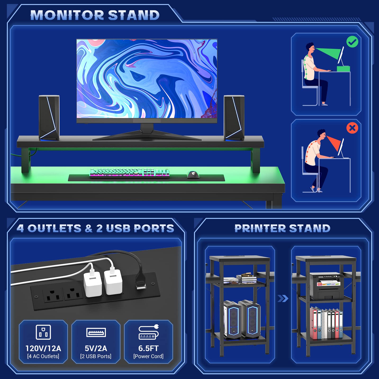 Unikito 2 Person Computer Desk with LED Light and Power Outlet, Double Gaming Desk, Large Workstation with Storage and Printer Stand, Long Desk, Office Work Desk with Shelf, Writing Study Tab - WoodArtSupply