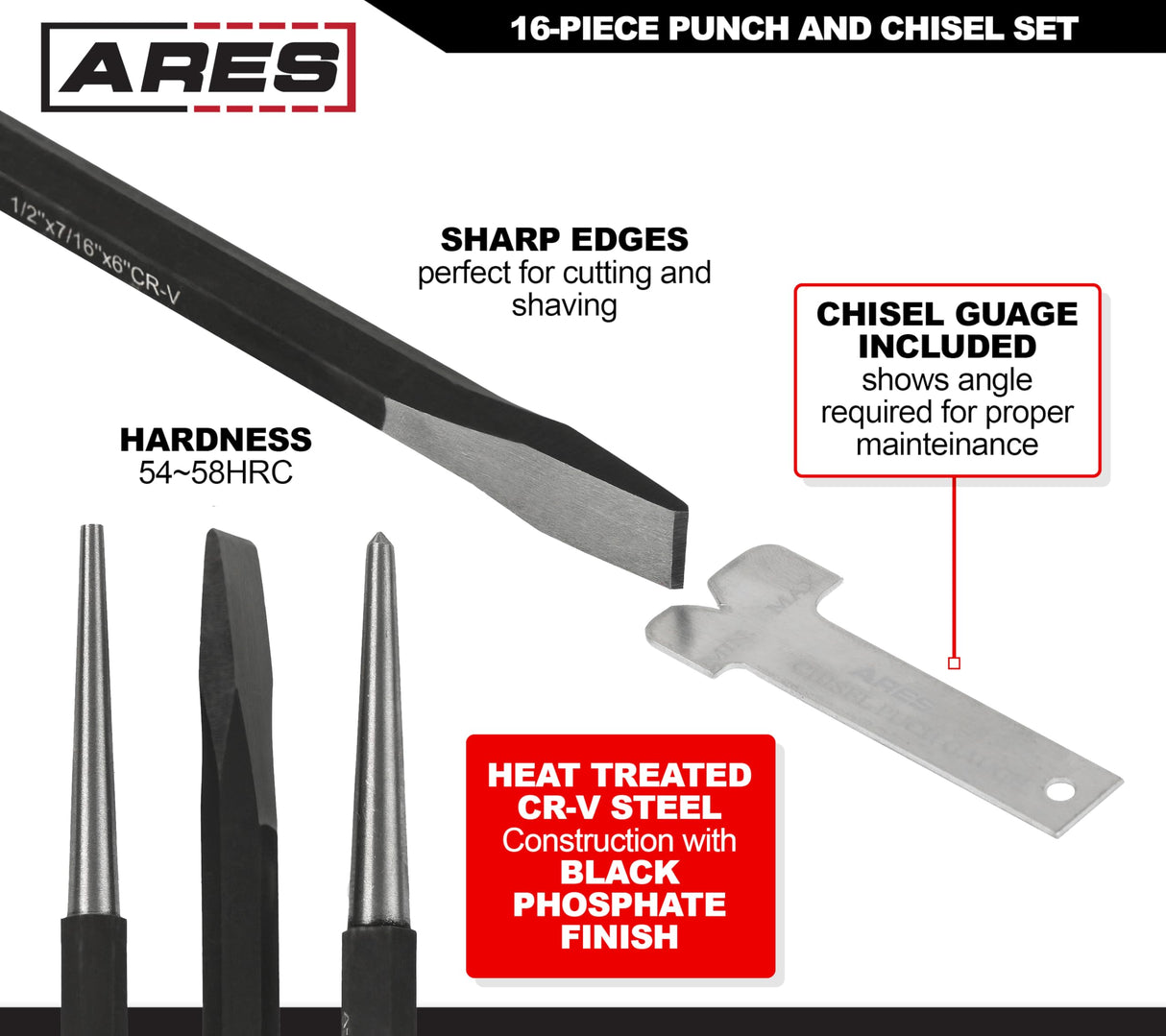 ARES 50005-16-Piece Punch and Chisel Set – Tapered Punches, Pin Punches, Center Punches, and Cold Chisels for Various Applications ARES