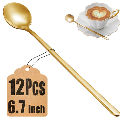 12 Pcs Coffee Spoons Set, 6.7" Gold Tea Spoons Long Handle, Stirring Spoons, Gold Small Teaspoons, Stainless Steel Gold Spoons, Long Spoons for Stirring, Gold Espresso Spoons, Coffee Bar Accessories