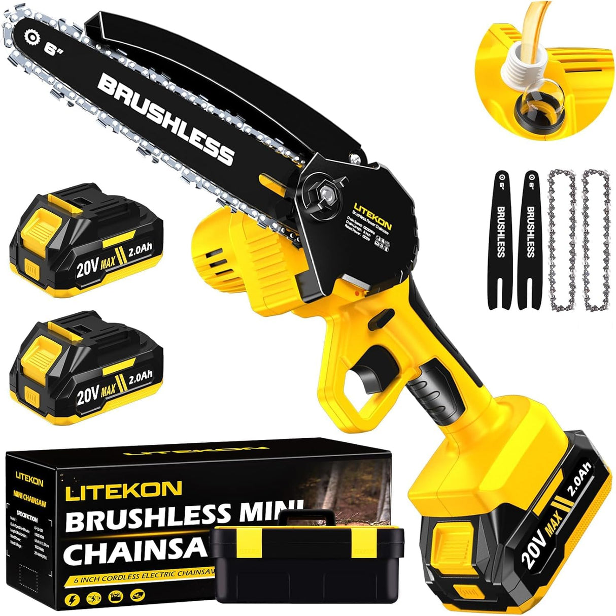 Cordless Mini Chainsaw, 1000W High Power Brushless Power Chainsaw, 2025 Upgraded 6 Inch Electric Chain Saw with 4000mAh Lithium-Ion Battery and Charger for Garden Yard Tree Branch Wood Cutting LITEKON