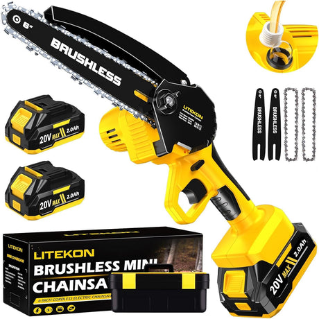 Cordless Mini Chainsaw, 1000W High Power Brushless Power Chainsaw, 2025 Upgraded 6 Inch Electric Chain Saw with 4000mAh Lithium-Ion Battery and Charger for Garden Yard Tree Branch Wood Cutting LITEKON
