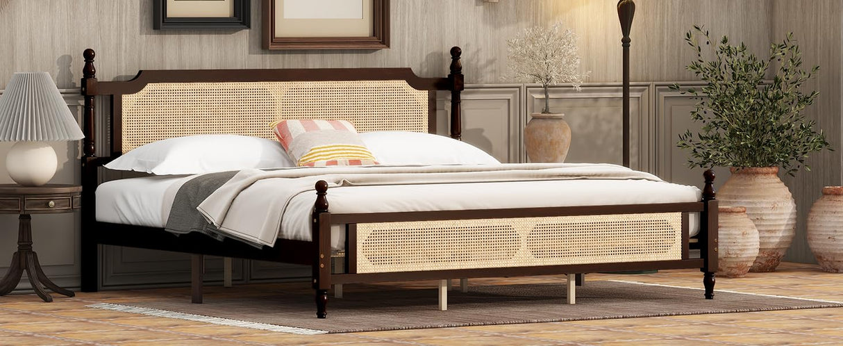 SmartEdge King Size Rattan Bed Frame, Wood Platform Bed with Rattan Headboard and Footboard, Antique King Bed Frame with Storage Underneath, No Box Spring Needed, Espresso SmartEdge