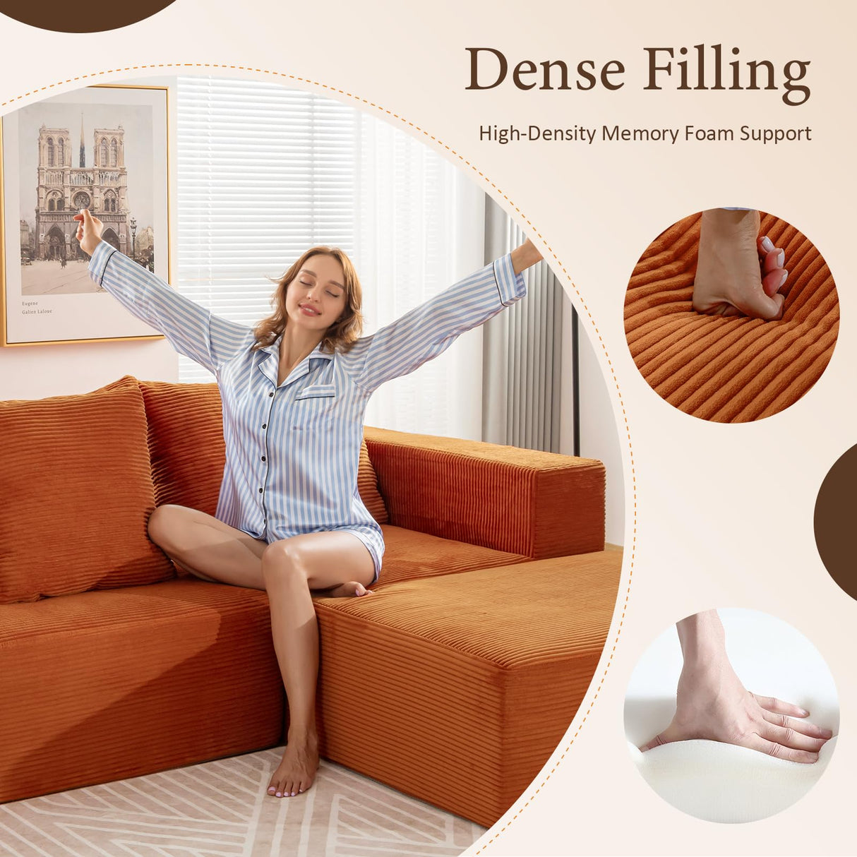 INGEROOM 108" Cloud Sectional Couch with L-Shape Chaise, Modular Sofa Memory Foam, Boneless Sofa with Movable Ottoman, Upholstered Couches for Living Room Bedroom, No Assembly Required, Orange INGEROOM