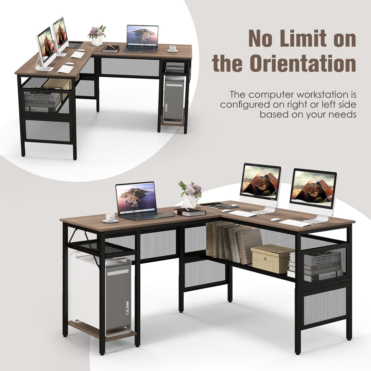 COSTWAY L Shaped Desk with Charging Station, 55” Reversible Corner Computer Desk with Mesh Storage Shelves, CPU Stand, 2 Person Gaming Desk Computer Workstation for Home Office COSTWAY