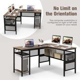 COSTWAY L Shaped Desk with Charging Station, 55” Reversible Corner Computer Desk with Mesh Storage Shelves, CPU Stand, 2 Person Gaming Desk Computer Workstation for Home Office COSTWAY