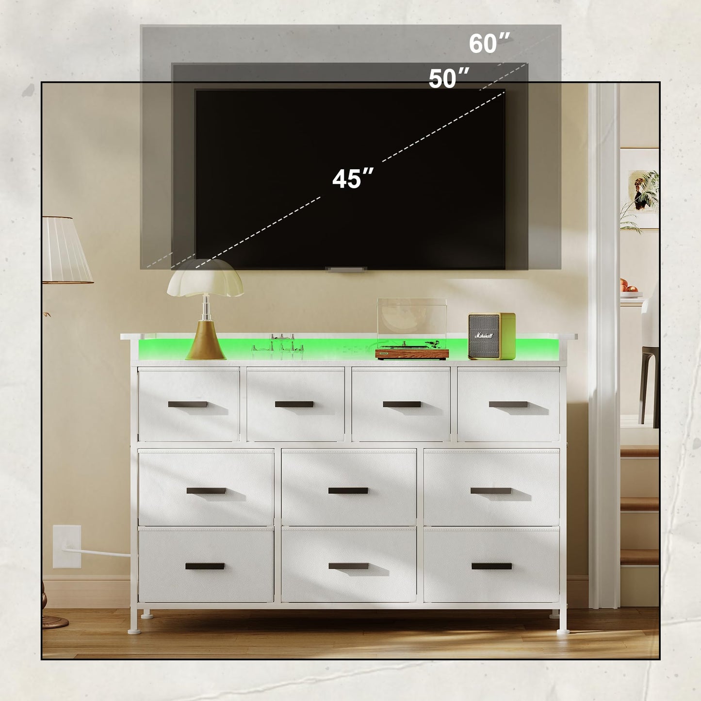 NASHZEN Dresser TV Stand with 10 Drawers, Dresser TV Stand with LED Lights & Power Outlets, Bedroom Make-up Dresser, Chest of Drawers up to 50'' Long TV, Wide Fabric Dresser with Shelf, White