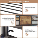 Loft Bed Twin Size with L-Shaped Desk,Metal Bunk Bed Frame with 5 Storage Drawers, LED Lights & Charging Station,Twin Loft Bed with Removable Ladder, Safety Guardrail,No Box Spring Needed,Rustic Brown Dnxao