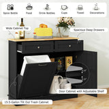 LOKO Kitchen Tilt Out Trash Cabinet, Modern Trash Cabinet with 2 Drawers & Adjustable Shelf, Pet Proof Trash Can Cabinet with Rubber Wood Tabletop, 39.5 x 14 x 35.5 inches (Black) LOKO