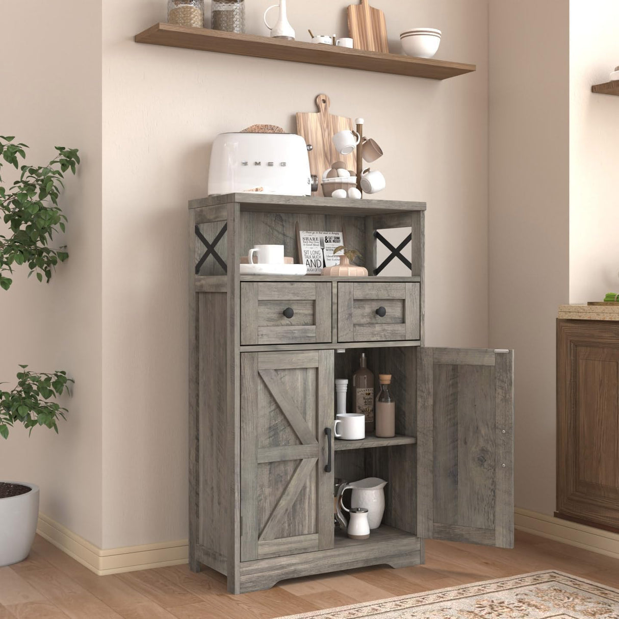 Farmhouse Storage Cabinet with Barn Doors and Open Shelf, Kitchen Pantry with Storage, Coffee Bar Station, Freestanding Cupboard Hutch Cabinet for Kitchen, Dinning Room, Livingroom, Grey FiveWillowise