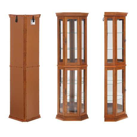 nifoti 69" H Lighted Curio Cabinet Corner Display Case, Corner Glass Cabinets with Tempered Glass Door & Adjustable Shelves, Wooden Curio Cabinet w/Mirrored Back Pane for Living Room (Oak) nifoti