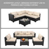 Rattaner Patio Sectional 6 Pieces All-Weather Wicker Patio Furniture Set Outdoor Sectional with Glass Patio Table Non-Slip Cushions and Waterproof Covers, Khaki Rattaner