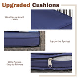 SUNSITT 3-Piece Outdoor Wicker Bar Height Table Set, 2 Bar Stools and 1 Pub Table with 2 Striped Pillows, Grey Rattan, Blue Seat Cushions, Steel Frame SUNSITT