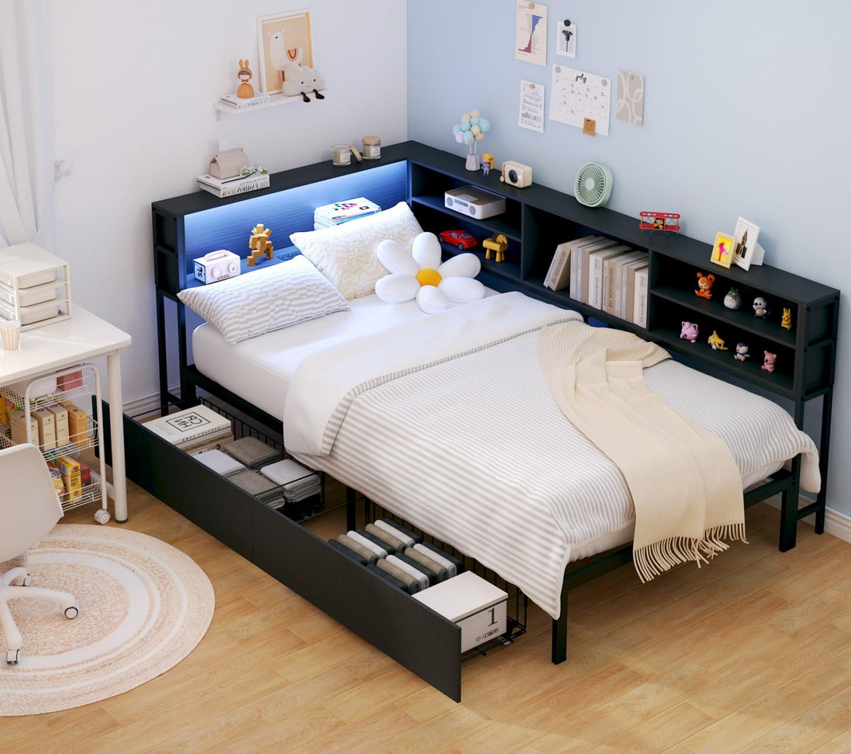 KEIKI Twin Size Corner Bed Frames with Storage Drawers, Charging Station, Led Light & Bookcase Headboard, Wooden & Metal L-Shaped Captain Daybed for Small Room, Bedroom, Guest Room, kids'Room, Black KEIKI