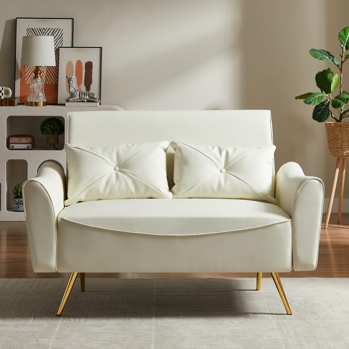 Brelice 48" Faux Leather Loveseat Sofa, Modern Small Couch for Small Space with 2 Pillows, 2 Seater futon Couch for Living Room, Bedroom, Office, Apartment (Beige) Brelice