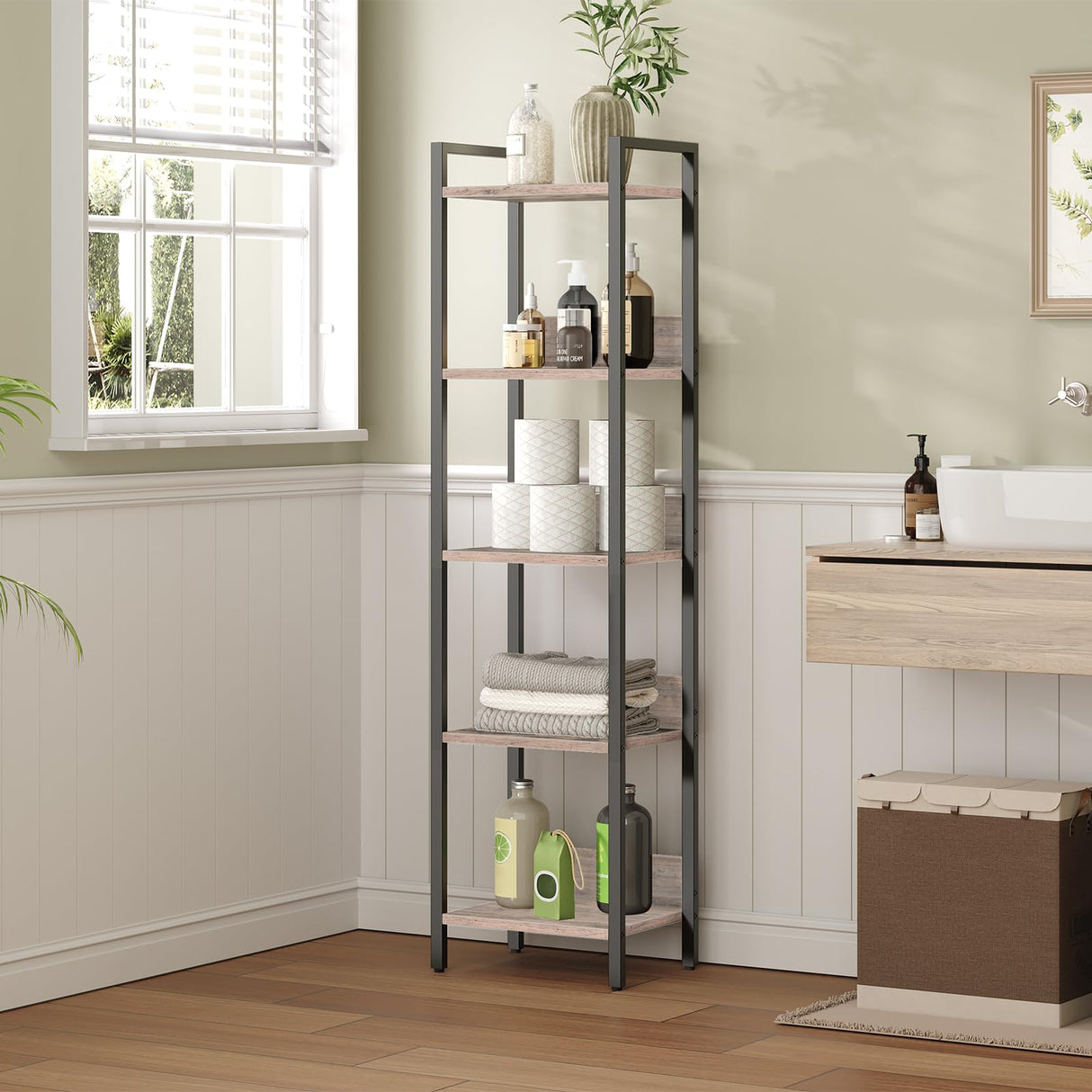 MAHANCRIS Bookshelf, 5-Tier Bookcase, Standing Book Shelf for Small Space, Storage Shelf Organizer, for Living Room, Bedroom, Study, Balcony, Greige and Black BKHG5501 MAHANCRIS