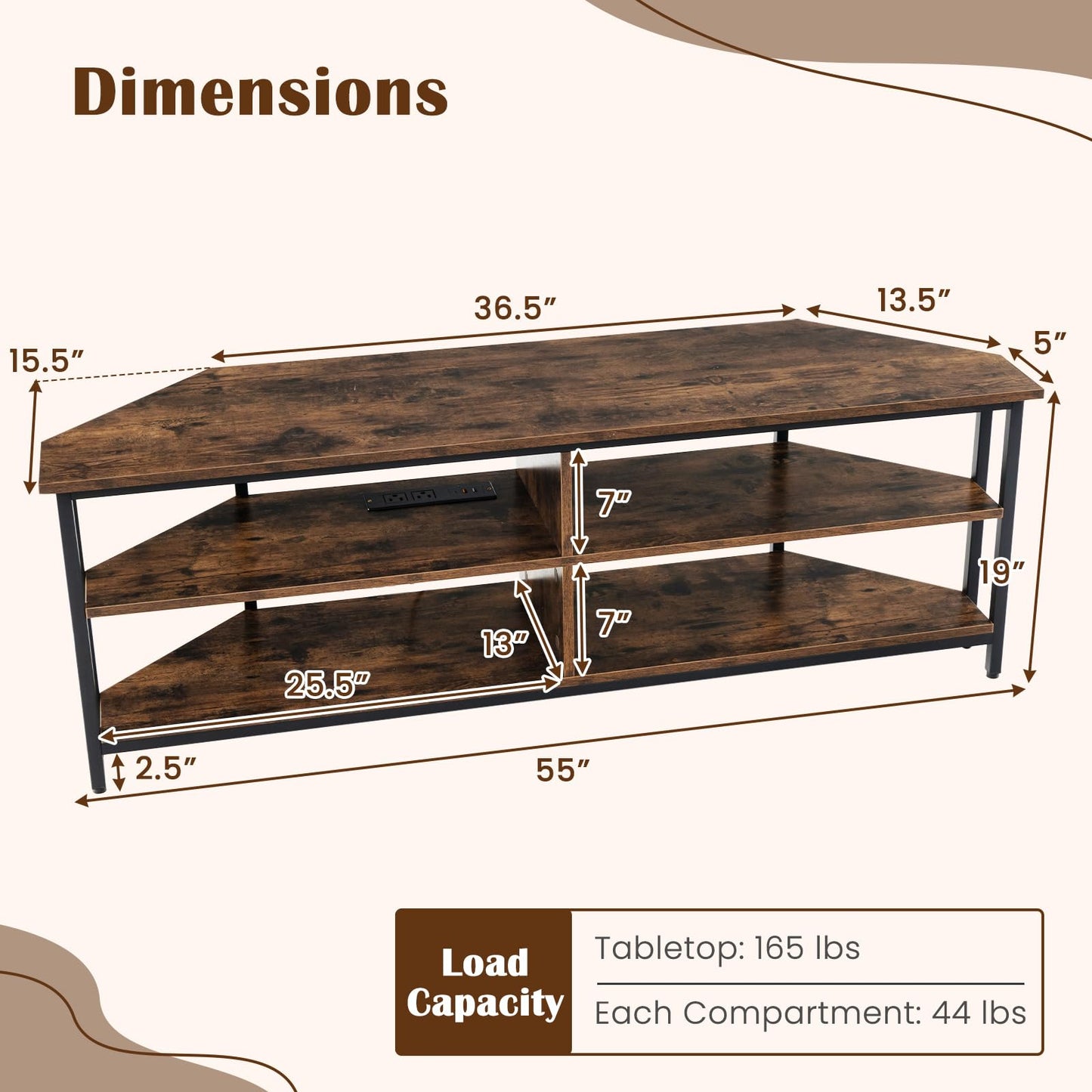 Tangkula Corner TV Stand for TVs up to 65”, TV Console Table w/AC Outlets, USB A Ports, USB C Port, Metal Frame & Storage Shelves, 55” Media Entertainment Center for Living Room (Rustic Brown - WoodArtSupply