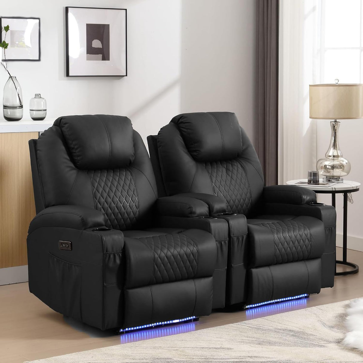 AHMED Power Recliner Chair, Home Theater Seating with LED Ambient Lighting, PU Leather Lazy Sofa Heat Massage Chair with Cup Holders/Side Pockets/USB Ports for Living Room, Dark Black, Set of 2 AHMED