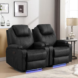 AHMED Power Recliner Chair, Home Theater Seating with LED Ambient Lighting, PU Leather Lazy Sofa Heat Massage Chair with Cup Holders/Side Pockets/USB Ports for Living Room, Dark Black, Set of 2 AHMED