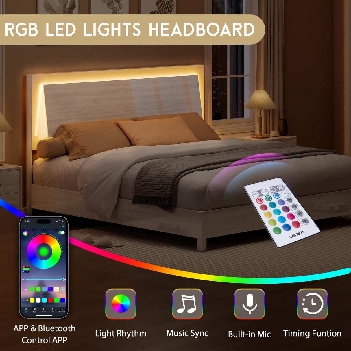 LUXOAK Modern High Gloss King Bed Frame with LED Floating Headboard and Easy Assembly LUXOAK