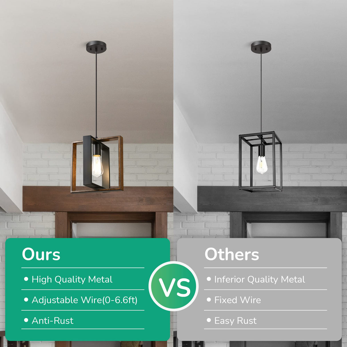 EDISHINE Farmhouse Pendant Light Fixture, Rustic Hanging Light Fixture with Wood Grain and Black Finish, Pendant Lighting for Kitchen Island, Dining Room, Hallway, Adjustable Cord EDISHINE