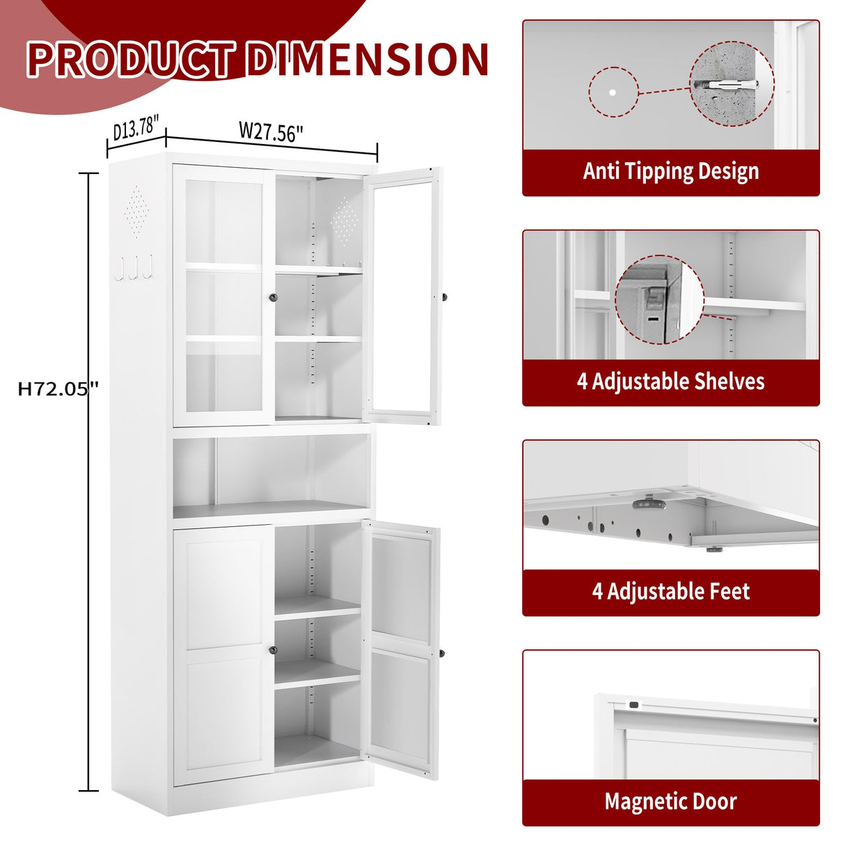 AQY Kitchen Pantry Cabinet,72" White Pantry Storage Cabinet with Adjustable Shelves and Glass Doors,Freestanding Cupboard,Metal Pantry Cabinets with Handle for Living Room Kitchen Assembly Required AQY
