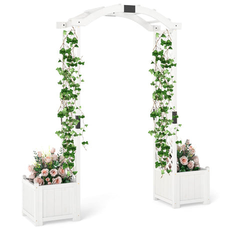 Happygrill Garden Arbor with Planter Boxes, Outdoor Wedding Arch with Trellis for Climbing Plants Vine Vegetables Herbs, Wooden Arbor Archway for Ceremony, Party (White) HAPPYGRILL