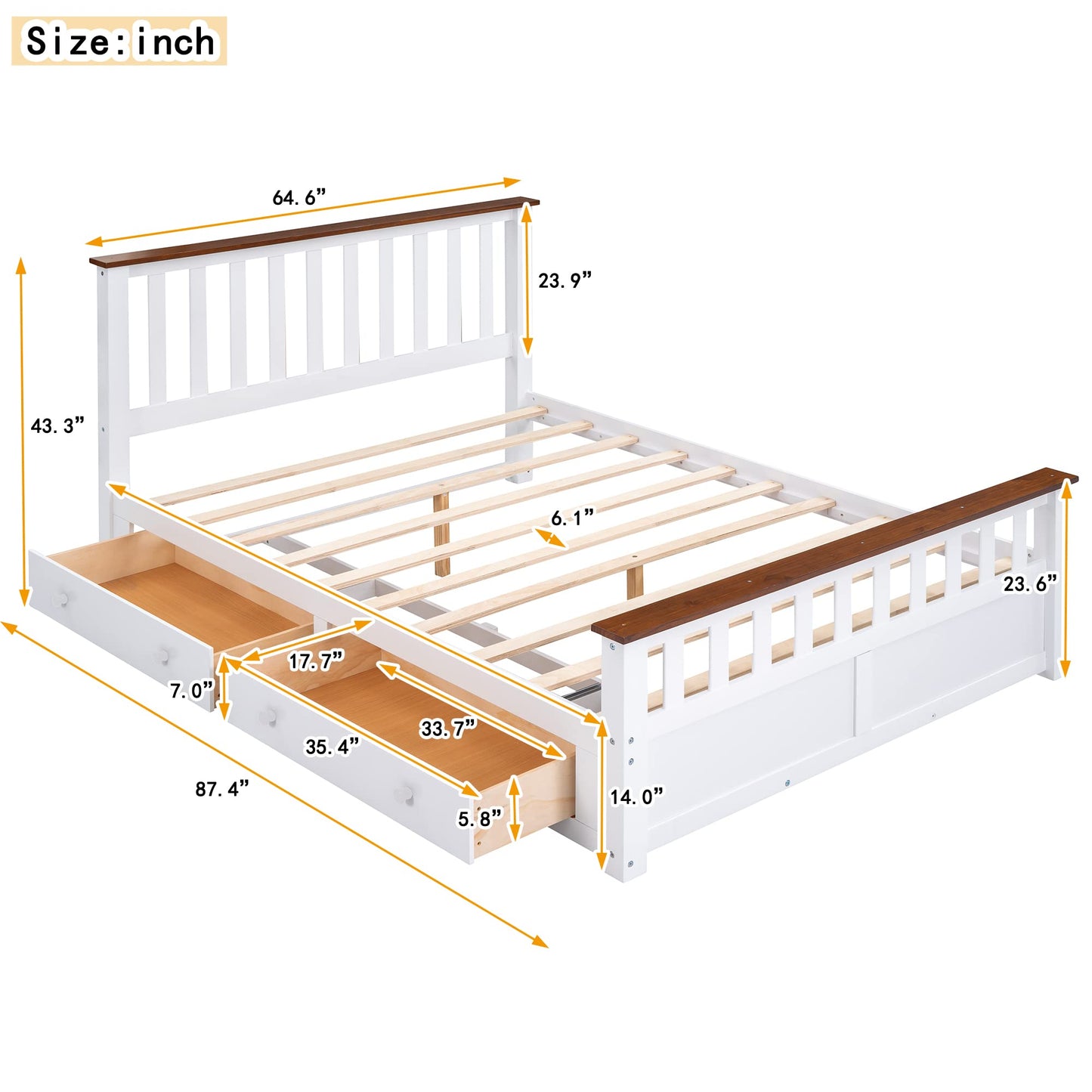 Merax Modern Farmhouse Queen Platform Bed Frame with Hidden Drawers in White and Walnut - WoodArtSupply