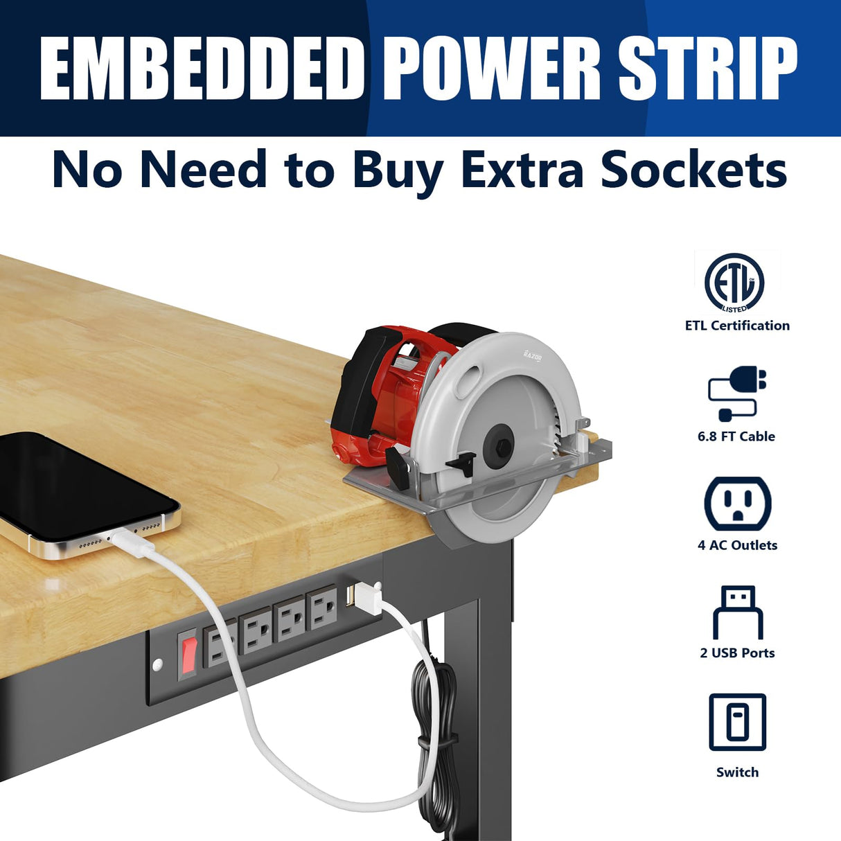 48'' Adjustable Workbench, 4 Heights Work Bench with Wheels and Power Outlets, 2000 LBS Heavy Duty Work Bench Table, Hardwood Work Benches for Garage, Workshop, Office, Home WXCOPON