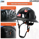 Aolamegs Safe Full Brim Hard Hats Construction OSHA Approved With Clear Visor - ANSI Z89.1 Vented Black Hard Hat With Chin Strap Reflective Cascos De Construccion Safety Helmet for Men 6-Pt Suspension Aolamegs Safe